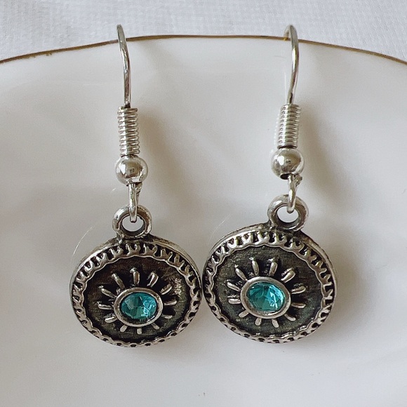 Circle Silver Blue Stone Dangle Earrings - Picture 1 of 5